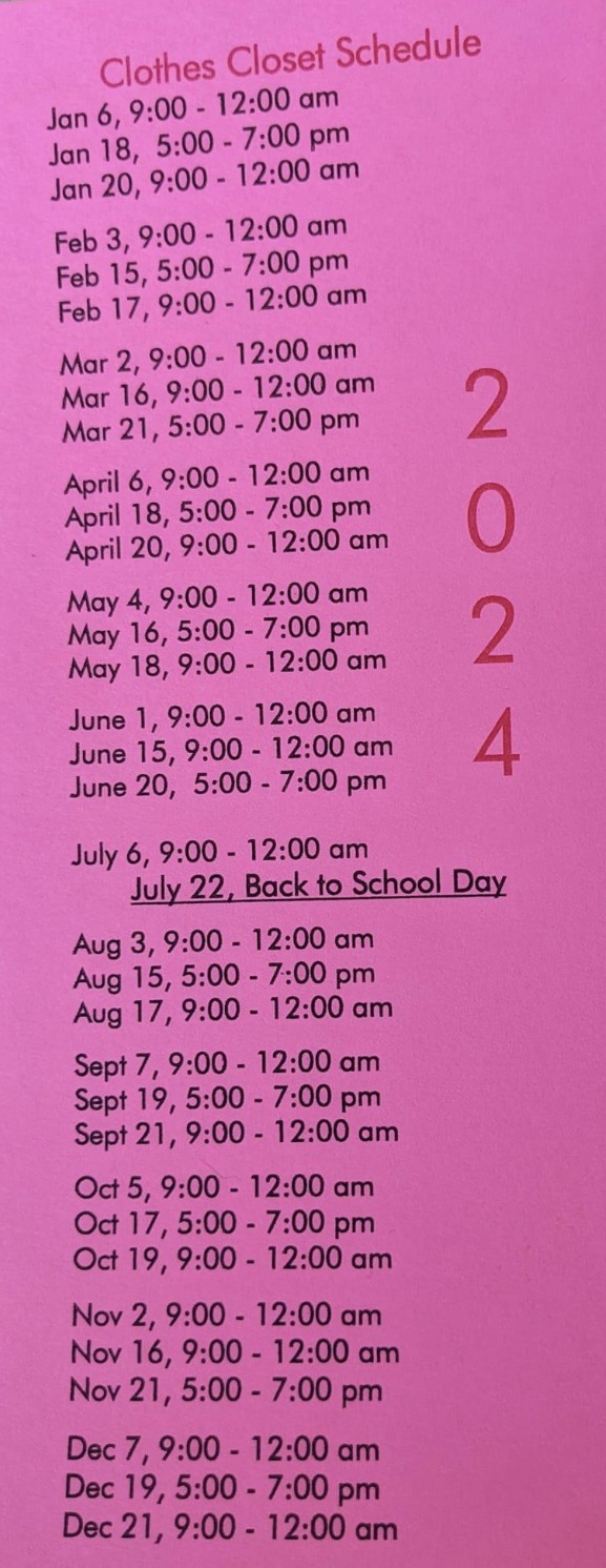 Northview Clothing Closet 2024 schedule Hendricks County Food Pantry