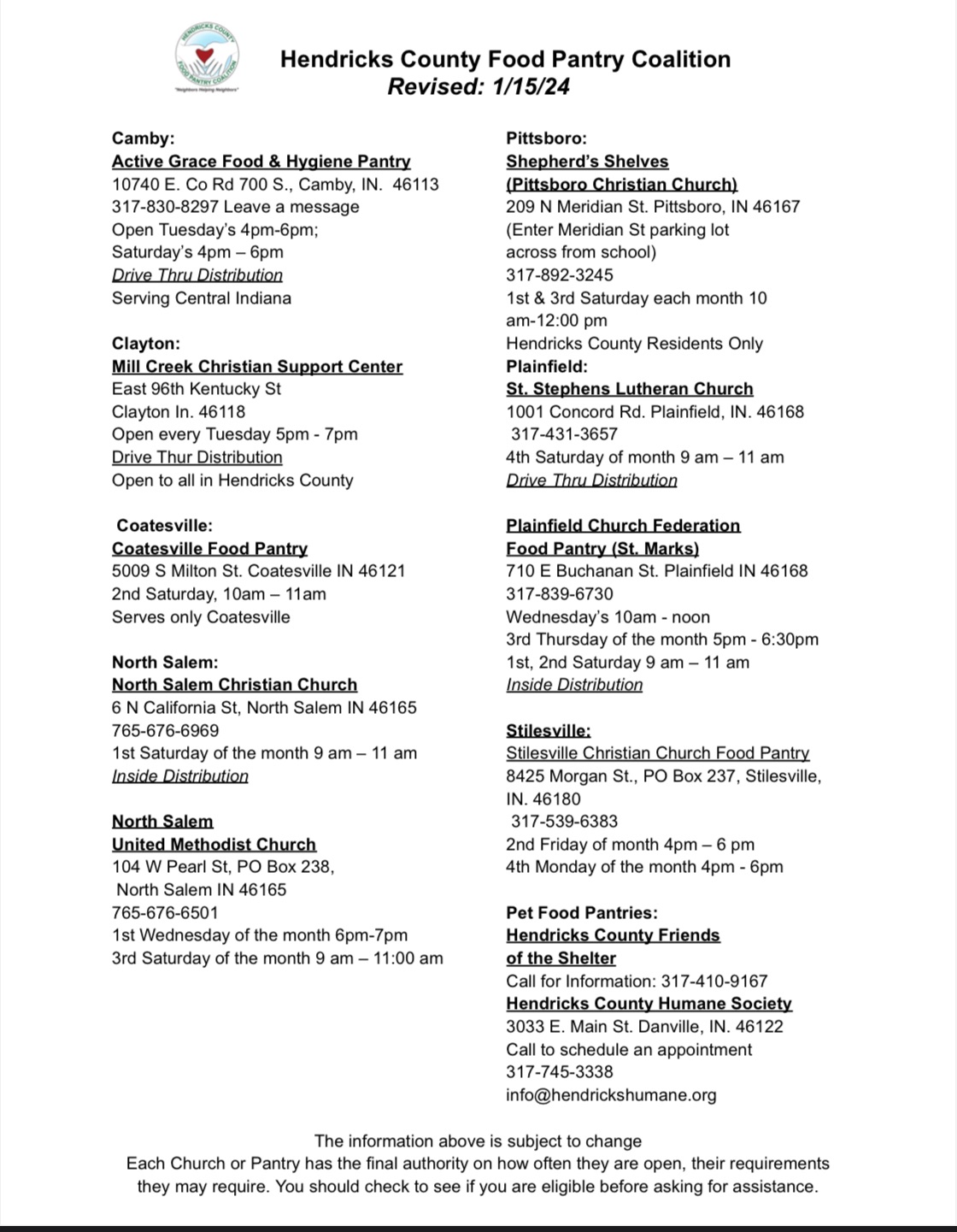 Updated food pantry list Hendricks County Food Pantry Coalition